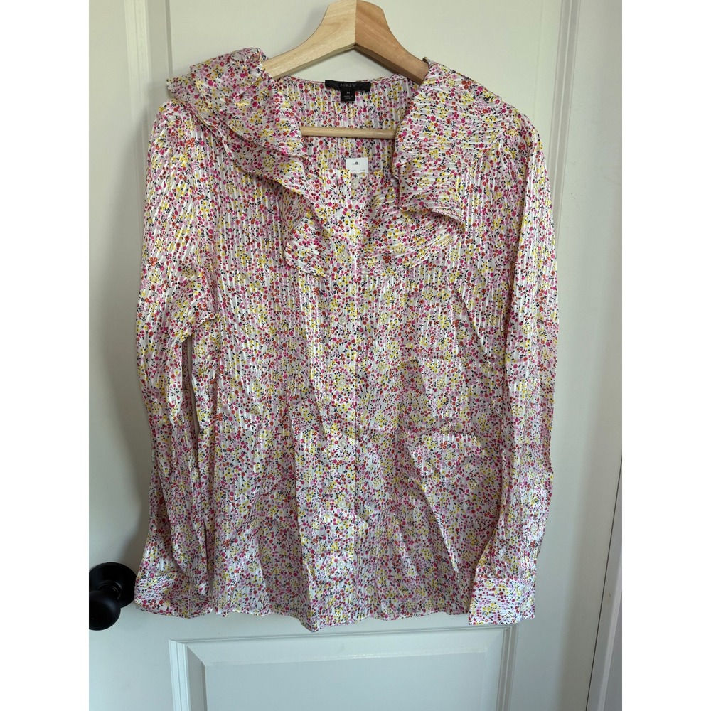 J.Crew Floral Ruffle Collar Pleated Button Up Blouse Pink Yellow Womens M NEW